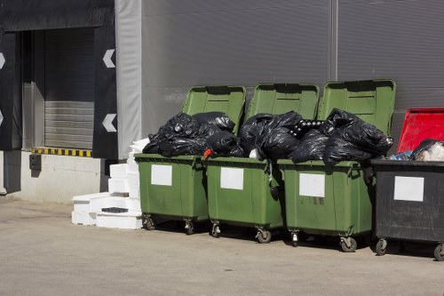 Illustration of builders waste types and recycling symbols in an eco-friendly setting